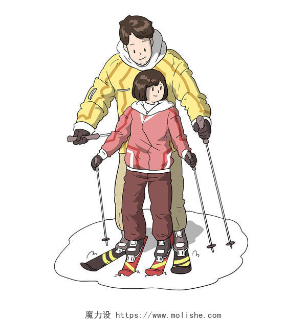 手绘卡通亲子滑雪人物插画素材
